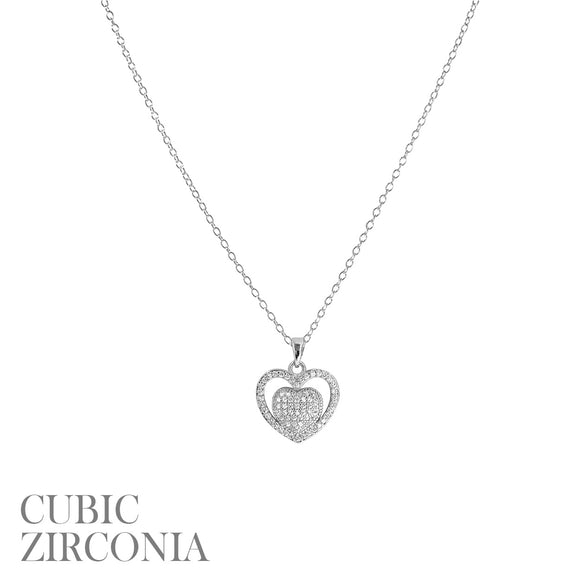 SILVER HEART NECKLACE CLEAR CZ CUBIC ZIRCONIA STONE PENDANT ( 18262 VCRR )