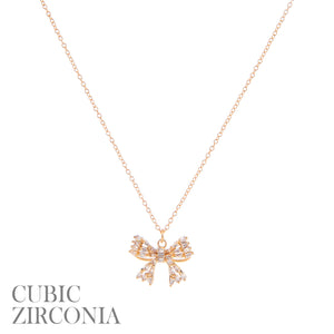 GOLD NECKLACE BOW PENDANT CLEAR CZ CUBIC ZIRCONIA STONES ( 18319 CRG )