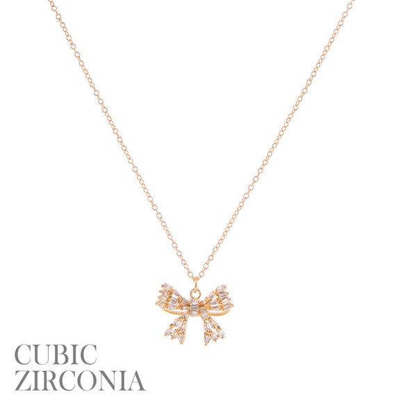 GOLD NECKLACE BOW PENDANT CLEAR CZ CUBIC ZIRCONIA STONES ( 18319 CRG )