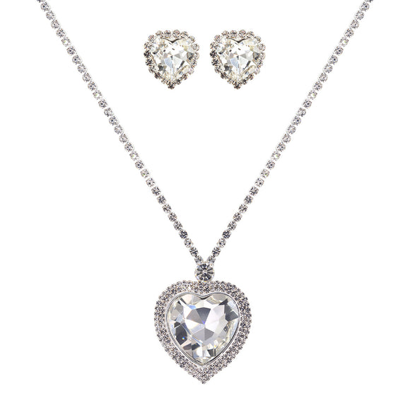 SILVER HEART NECKLACE SET CLEAR STONES ( 18373 VCRS )