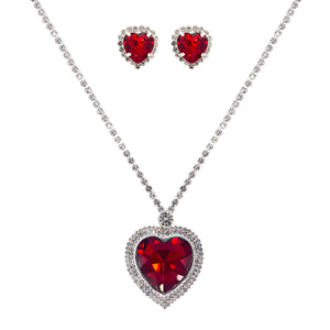 SILVER HEART NECKLACE SET CLEAR RED STONES ( 18373 VLSIS )