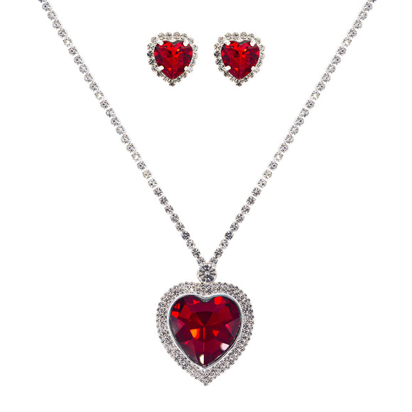 SILVER HEART NECKLACE SET CLEAR RED STONES ( 18373 VLSIS )