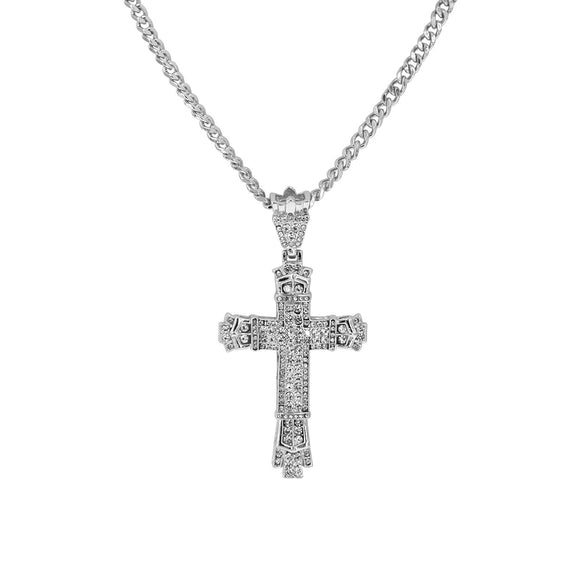 SILVER NECKLACE CROSS PENDANT CLEAR STONES ( 18382 CRR )