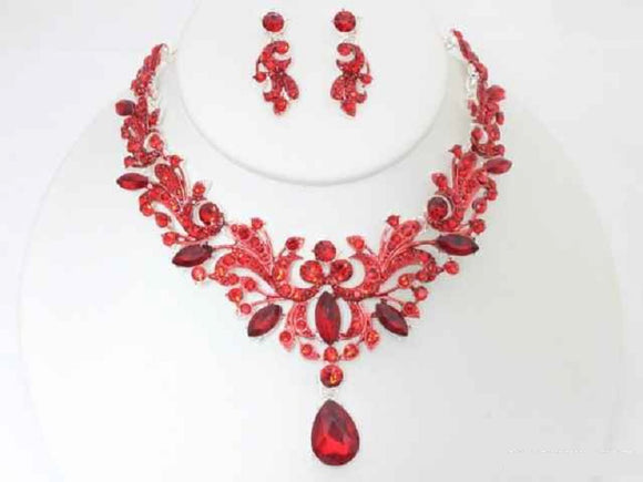 SILVER NECKLACE SET RED STONES ( 19502 SRD )