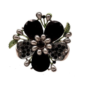 SILVER FLOWER RING BLACK GREEN STONES ( 11649 RJT )