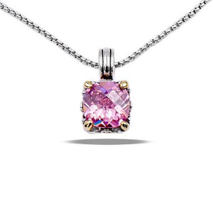 PINK Cushion Cut Four Prong Pendant Rhodium Plated Necklace ( 3032 PK ) - Ohmyjewelry.com