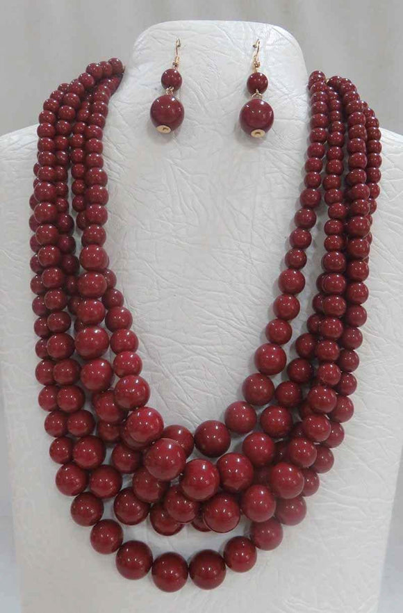 5 STRAND BURGUNDY PEARL NECKLACE WITH MATCHING EARRINGS ( 3869 ) - Ohmyjewelry.com