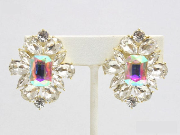 GOLD CLIP ON EARRINGS CLEAR AB STONES ( 6487 GAB )