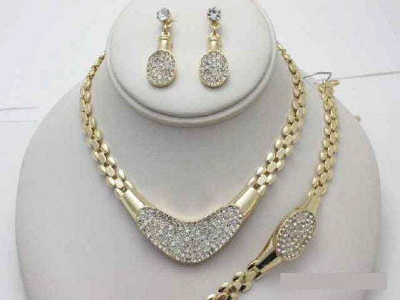GOLD NECKLACE SET CLEAR STONES MATCHING BRACELET ( 15584 GCL ) - Ohmyjewelry.com