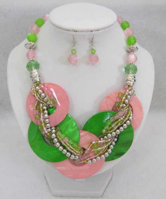 PINK GREEN Round Shell and Beaded Fashion Necklace Set ( 541 ) - Ohmyjewelry.com