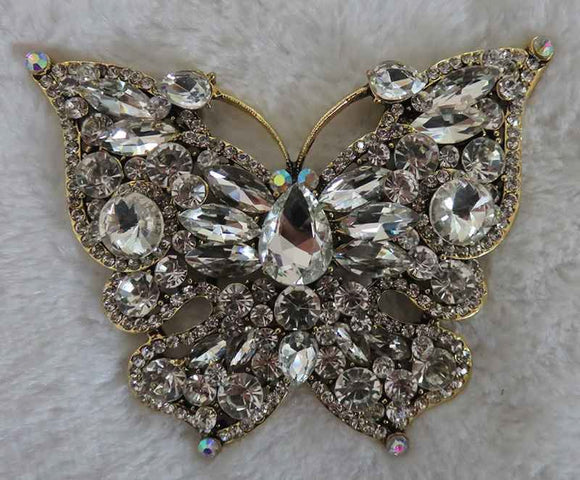 GOLD LARGE BUTTERFLY BROOCH PENDANT CLEAR STONES ( 2977 GCL )