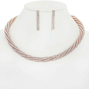 ROSE GOLD CLEAR RHINESTONE TWISTED NECKLACE SET ( 10563 RG )