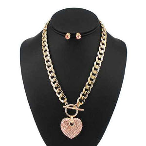 Large Gold ROSE Rhinestone Puffy Heart Charm Toggle Necklace ( 7075 GDROS )
