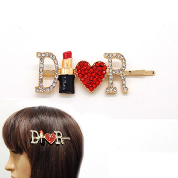 GOLD HAIR PIN D LIPSTICK HEART R CLEAR RED STONES ( 3009 GDRED )