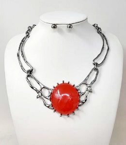 SILVER NECKLACE SET RED STONE ( 10422 RRD )