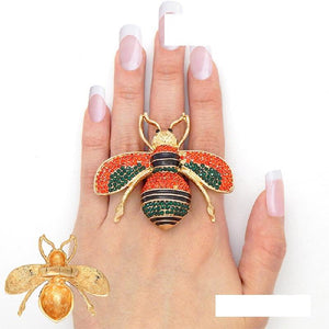 Large 2" Gold RED GREEN BLACK Rhinestone Bee Stretch Ring ( 2239 ) - Ohmyjewelry.com