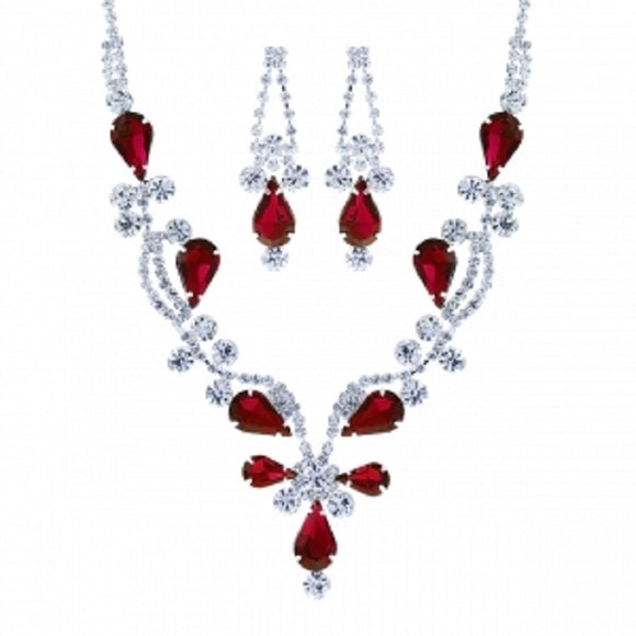 SILVER NECKLACE SET CLEAR RED STONES ( 17287 LSI-S )