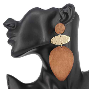 DANGLING GOLD BROWN WOOD METAL EARRINGS ( 3223 GDBRW )