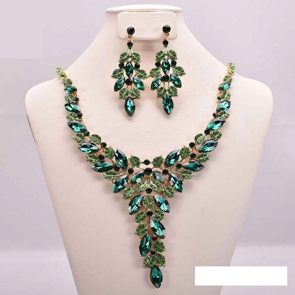 GOLD NECKLACE SET GREEN STONES ( 10257 )