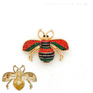 1.3" GOLD BLACK ENAMEL RED GREEN RHINESTONE BEE BROOCH ( 2001 GDGMT )