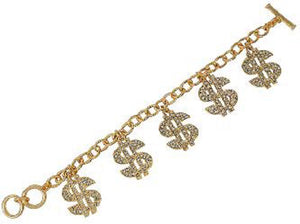 GOLD CHARM BRACELET DOLLAR SIGNS CLEAR STONES ( 00941 GCR )