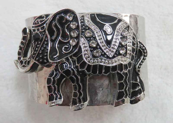 ANTIQUE SILVER CUFF BANGLE BLACK ELEPHANT CLEAR STONES ( 3931 SBK ) - Ohmyjewelry.com