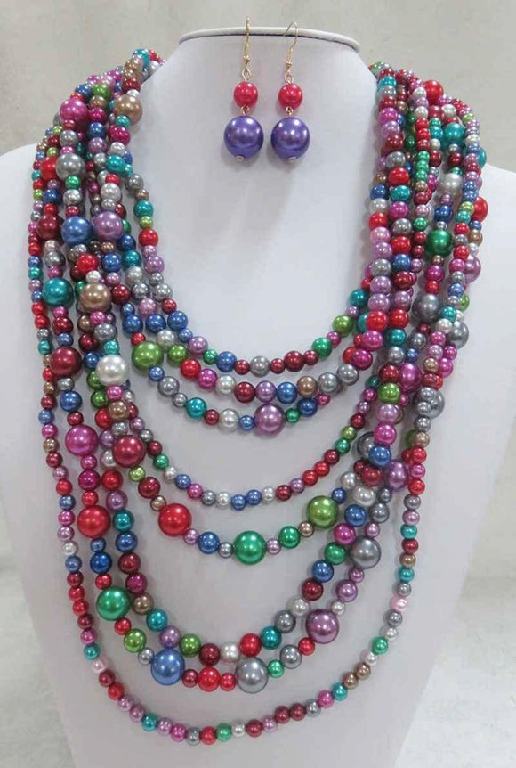 DARK MULTI COLORED MULTI LAYERED NECKLACE WITH EARRINGS ( 556 DMT ) - Ohmyjewelry.com