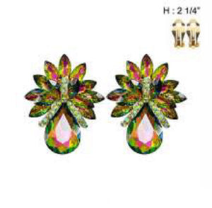 LARGE GOLD VITRAIL OIL SPILL COLOR STONES CLIP ON EARRINGS ( 4276 GRB )