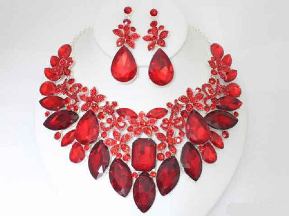 SILVER NECKLACE SET RED STONES ( 19406 SRD )