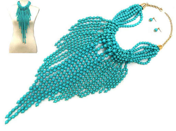 GOLD TURQUOISE BEAD NECKLACE SET ( 7968 GDTQ )