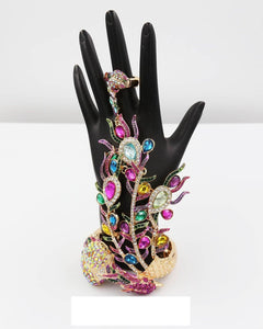 GOLD PEACOCK MULTI COLOR STONES STRETCH BRACELET RING ( 401 2MX ) - Ohmyjewelry.com