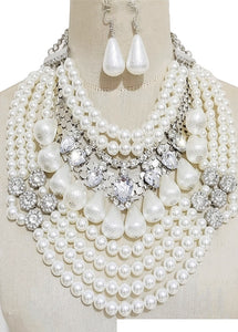 SILVER NECKLACE SET WHITE PEARLS CLEAR STONES ( 3527 RHWHTCL )