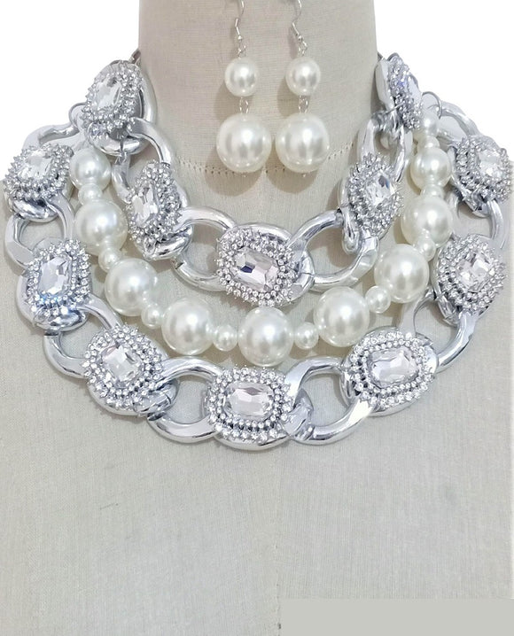 LARGE SILVER NECKLACE CLEAR STONES WHITE PEARLS ( 3474 RHWHTCL )