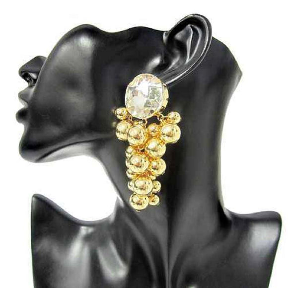 GOLD BALL CLUSTER EARRINGS CLEAR STONE ( 7223 GD ) - Ohmyjewelry.com