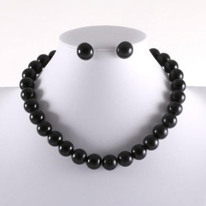 15mm BLACK Single Line Pearl Necklace with Stud Earrings ( 3929 ) - Ohmyjewelry.com