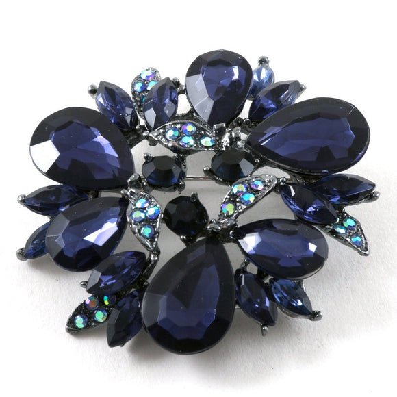 HEMATITE BROOCH WITH NAVY BLUE RHINESTONES ( 1124 HNV )