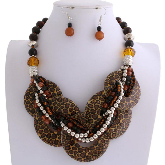 Brown Animal Print Round Shell Beaded SILVER Necklace Set ( 541 ) - Ohmyjewelry.com