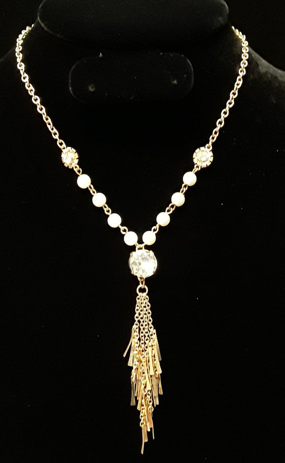 BRONZE CHAIN NECKLACE PEARLS CLEAR STONES ( 9042 )