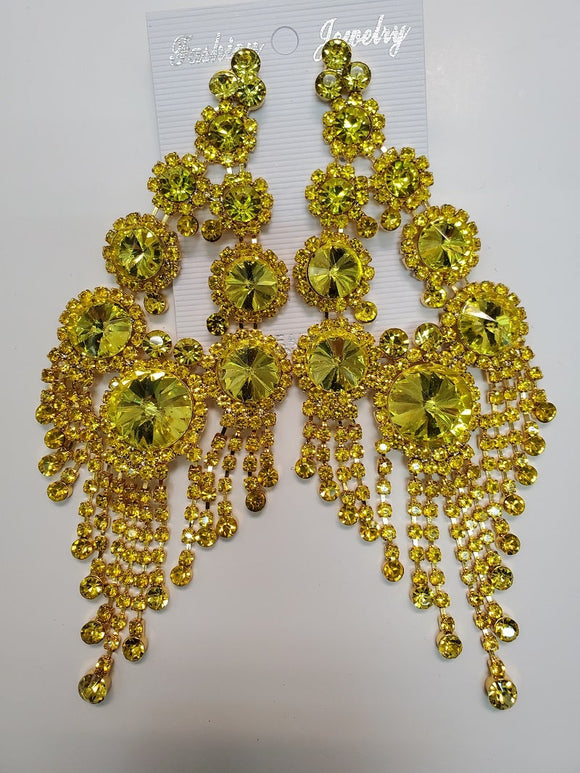 GOLD YELLOW Large Round Stones Fringe Chandelier CLIP ON Earrings CLIP ON