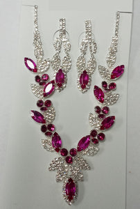 SILVER NECKLACE SET CLEAR FUCHSIA STONES ( 0220 1F )