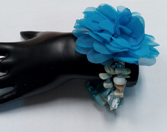 LAYERED BLUE SHELL BEADED BRACELET WITH FABRIC FLOWER ( 0242 BLUE )