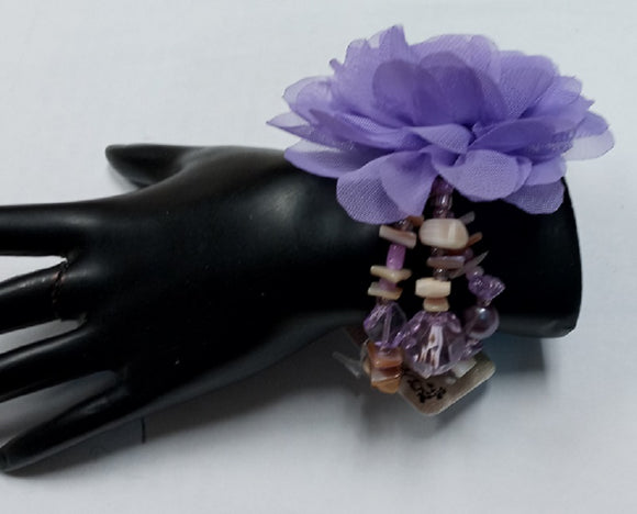 LAYERED PURPLE SHELL BEADED BRACELET WITH FABRIC FLOWER ( 0242 PURPLE )