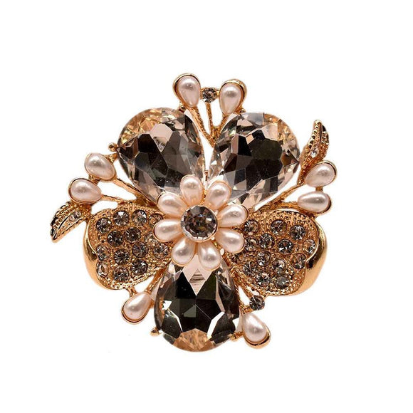 GOLD FLOWER RING WHITE CLEAR STONES ( 11649 )