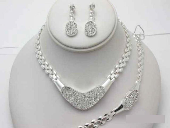 SILVER NECKLACE SET CLEAR STONES MATCHING BRACELET ( 15584 SCL ) - Ohmyjewelry.com