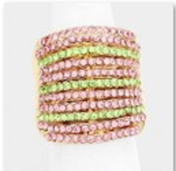 GOLD STRETCH RING PINK GREEN STONES ( 1261 PKGN )