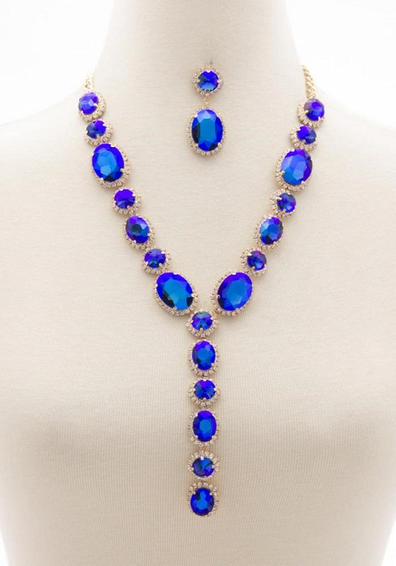 BLUE AB Oval and Round Y Drop Necklace Set with Gold Hardware ( 2048 GDBLAB )
