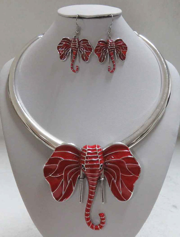 SILVER CHOKER NECKLACE SET ELEPHANT RED ( 3852 RD )
