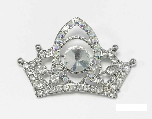 SILVER CROWN BROOCH CLEAR AB STONES ( 3772 S )