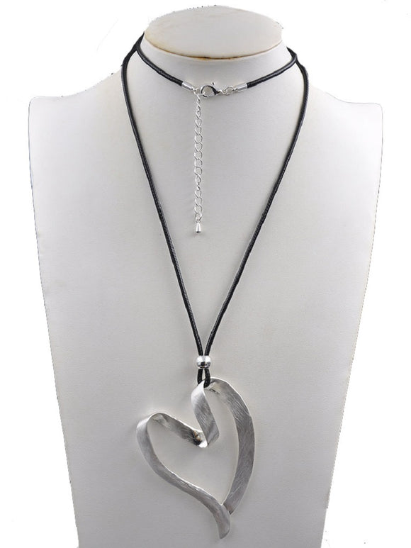 BLACK CHORD NECKLACE SILVER HEART ( 222307 SNK )