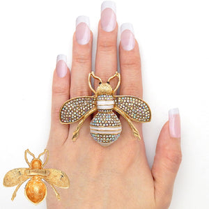 Large 2" GOLD WHITE AB STONES Rhinestone Bee Stretch Ring ( 2239 GDAB )